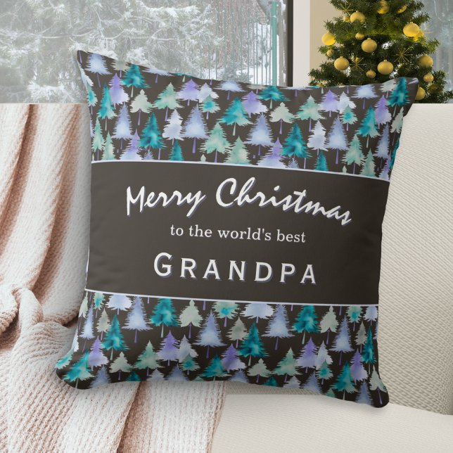 God jul Grandpa Watercolor Forest Träd Kudde (A pillow for the 'world's best Grandpa', with rustic pine trees design and 'Merry Christmas' wishes)