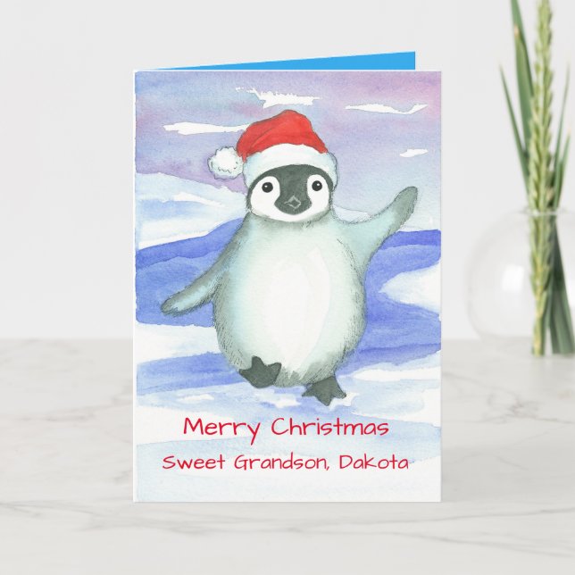 God jul Grandson Baby Penguin Anpassningsbar Helgkort (Framsida)