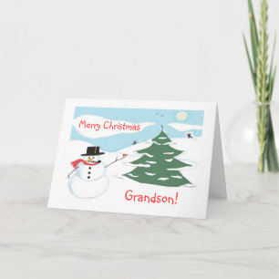 God jul Grandson!-Snögubbe och Sledding Helgkort
