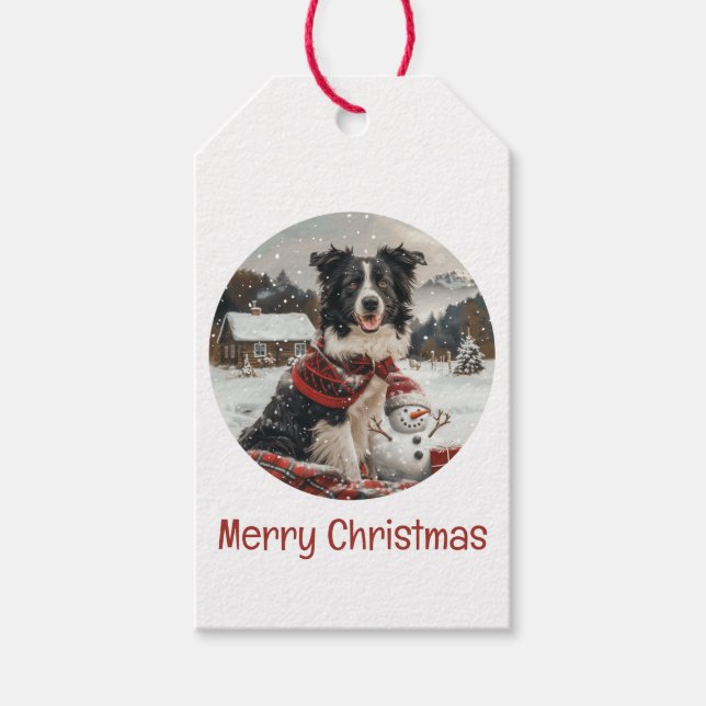 God jul Gräns Collie Hund Snögubbe Presentetikett (Framsidan)
