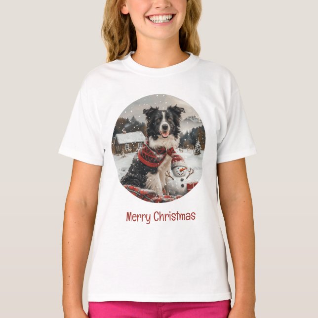 God jul Gräns Collie Hund Snögubbe T Shirt (Framsida)