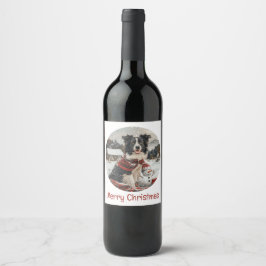 God jul Gräns Collie Hund Snögubbe Vinflaska Etikett