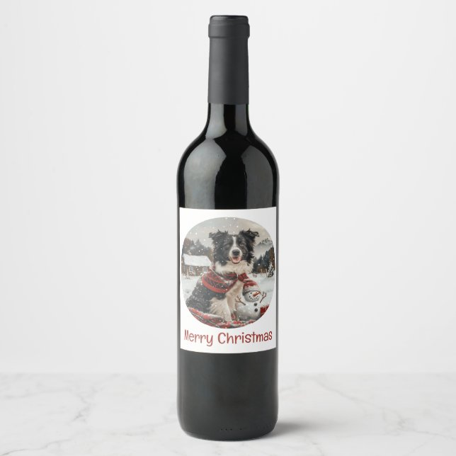 God jul Gräns Collie Hund Snögubbe Vinflaska Etikett (Framsida)