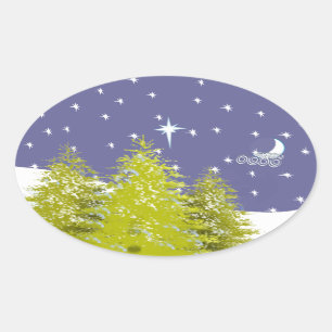 God jul Gräs Måne och Stars Ovalt Klistermärke