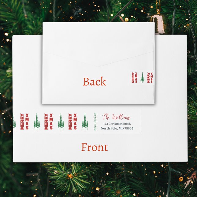 God jul | Gräs Träd Etikettband (Elevate your holiday mailings with this eye-catching wrap-around Christmas address label. Order now!)