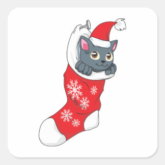 God jul Grått Kitten Cat Red Stocking Grått Fyrkantigt Klistermärke