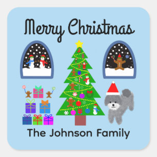 God jul Grått Pudel jul #4 Stickers Fyrkantigt Klistermärke