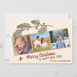 God jul| Greenery and Red Berries 3 Photo Kort