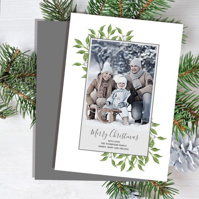 God jul Greenery Elegant Winter Foliage Julkort (Merry Christmas holiday greenery photo card with a grey border. )