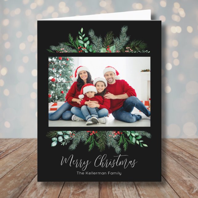 God jul Greenery Modern Photo Helgkort (Merry Christmas Greenery Modern Black Photo Holiday Card)