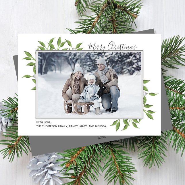 God jul Greenery Traditional Foliage Photo Julkort (Merry Christmas holiday greenery photo card with a grey border. )