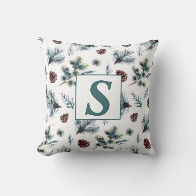 God Jul Grön Brun Vit Tall Monogram Kudde (Framsida)