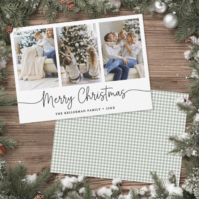 God Jul Grön Gingham Minimalistiskt Foto  Julkort (Merry Christmas Green Gingham Minimalist Photo Holiday Card )
