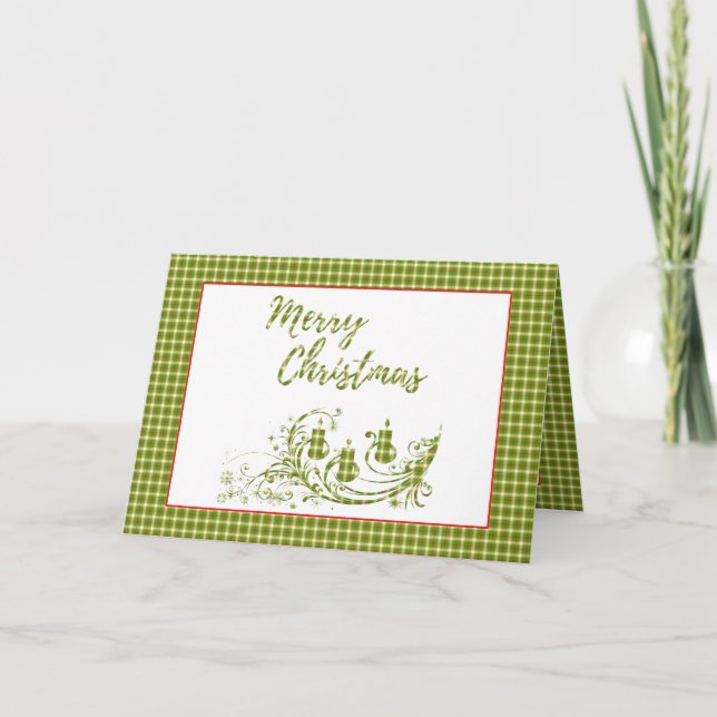 God Jul grön röd rutig pläd med ljus Kort (Framsida)