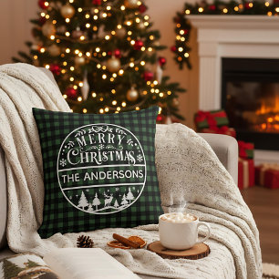 God Jul Grön & Svart Rutig Anpassat Namn Kudde