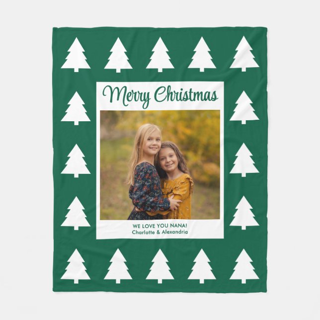 God Jul Gröna Vita Träd Foto Fleecefilt (Framsidan)