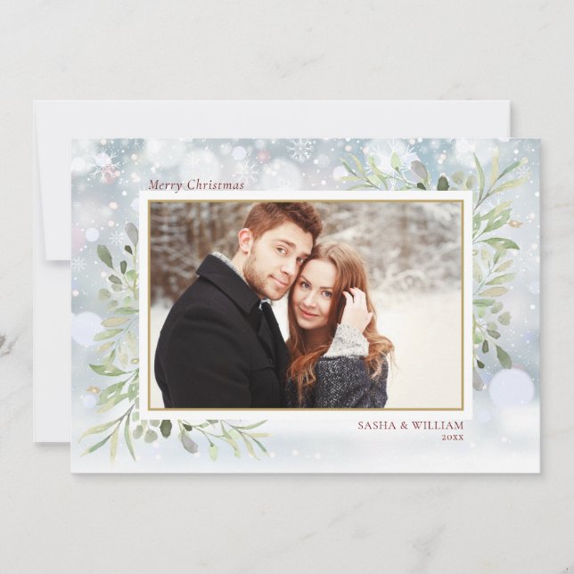 God jul Grönska Snöflingor Foto Julkort (Framsida)