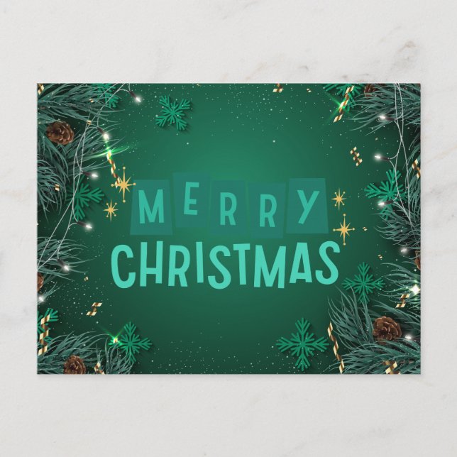 God jul Grönt Gräs Grenar och Snöflingor i Helg Vykort (Framsida)