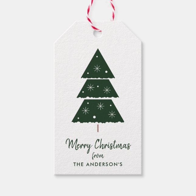God jul Grönt Julgran Snöflingor Presentetikett (Framsidan)