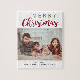 God jul Grönt Red Family Photo Simple Chic Pussel