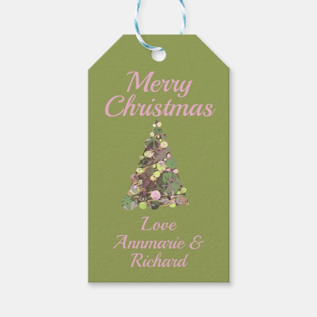 God jul Grönt Rosa Träd om Grönt med Namn Presentetikett (Framsidan)