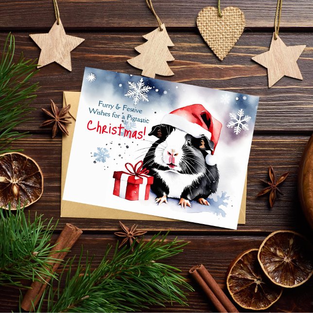 God jul guinea guinea, gris vykort (Guinea pig Christmas greeting postcard cute watercolor Guinea pig wearing Santa hat with a gift)