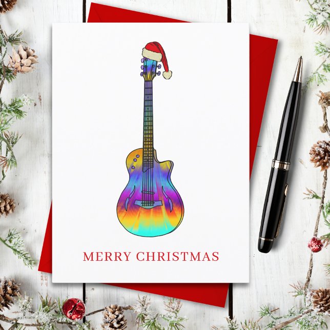God jul Guitar Colorful Helg Vykort (Christmas guitar wearing a santa hat holiday greetings postcard )