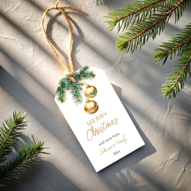 God jul guld baubles gräs presentetikett (Merry Christmas personalized gift tags gold baubles pines custom printed Christmas Gift Tags)