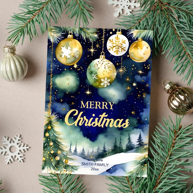 God jul guld baubles nattfärgsfärg julkort (Merry Christmas holiday greeting card template digital download watercolor gold baubles starry night)
