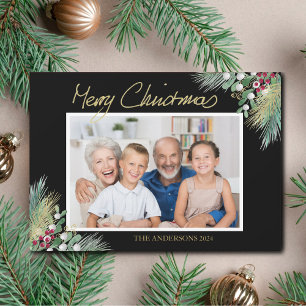 God jul Guld Berries Photo Black Julkort