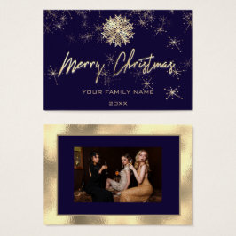 God jul Guld Blue Navy Photo Snöflingor Visitkort