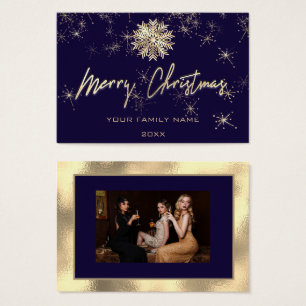 God jul Guld Blue Navy Photo Snöflingor Visitkort