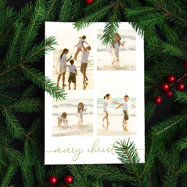 God jul Guld Calligraphy 5 Photo Elegant Julkort (Merry Christmas gold calligraphy script photo card. )