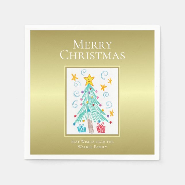 God Jul Guld. Ditt Barns Konst Familjenamn Pappersservett (Framsidan)