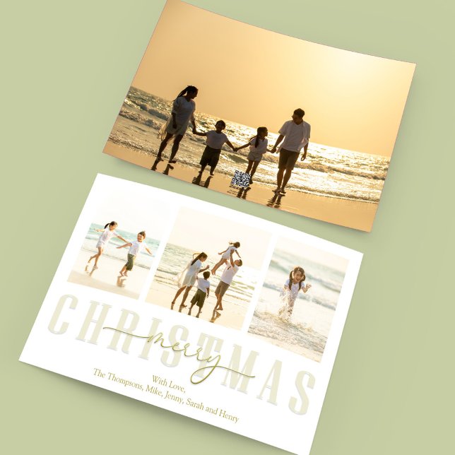 God jul Guld Elegant Calligraphy 4 Photo Julkort (Merry Christmas gold typography-style photo card with a four-photo template. )