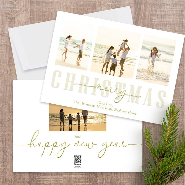 God jul Guld Elegant Calligraphy 4 Photo Julkort (Merry Christmas gold typography style photo card with a four photo template. )