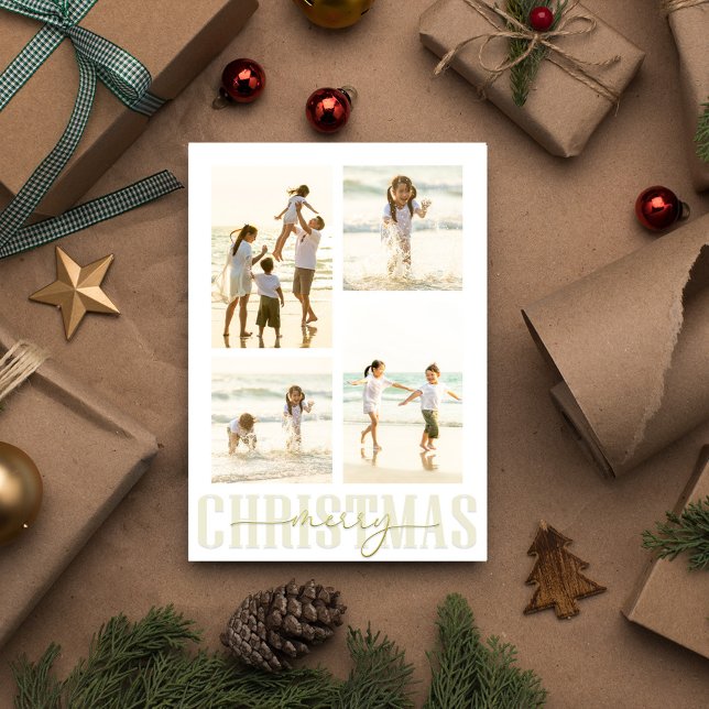 God jul Guld Elegant Calligraphy 5 Photo Helg Vykort (Completely editable template, add your own photos, and create an eye-catching photo postcard.)