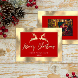 God jul Guld Family Photo Reindeer Red Visitkort
