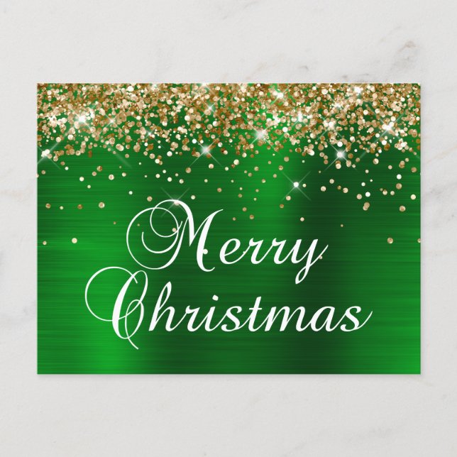 God Jul Guld Glitter Grön Folie Helg Vykort (Framsida)