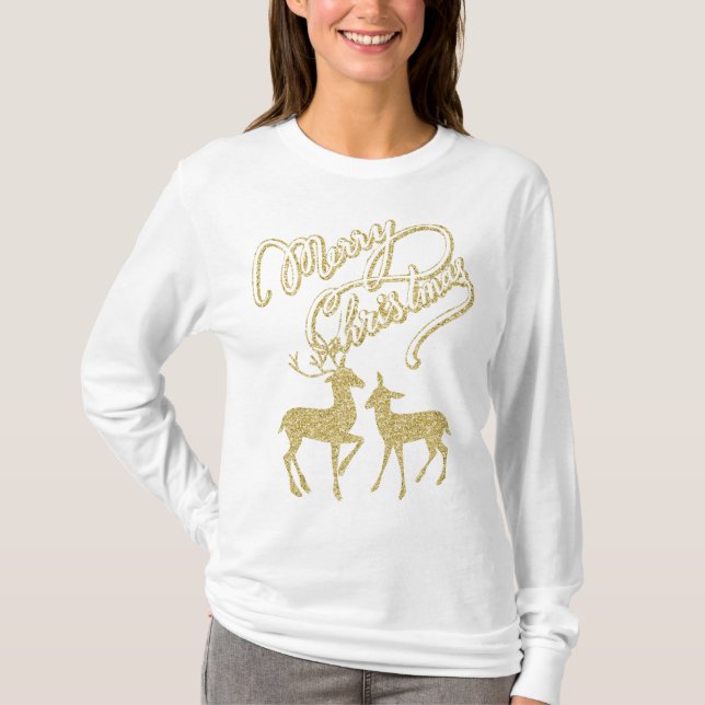 God jul guld glitter-julen hjort t shirt (Framsida)