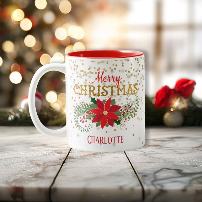 God jul Guld Glitter Poinsettia Två-Tonad Mugg (Merry Christmas Gold Glitter Poinsettia Two-Tone Coffee Mug)