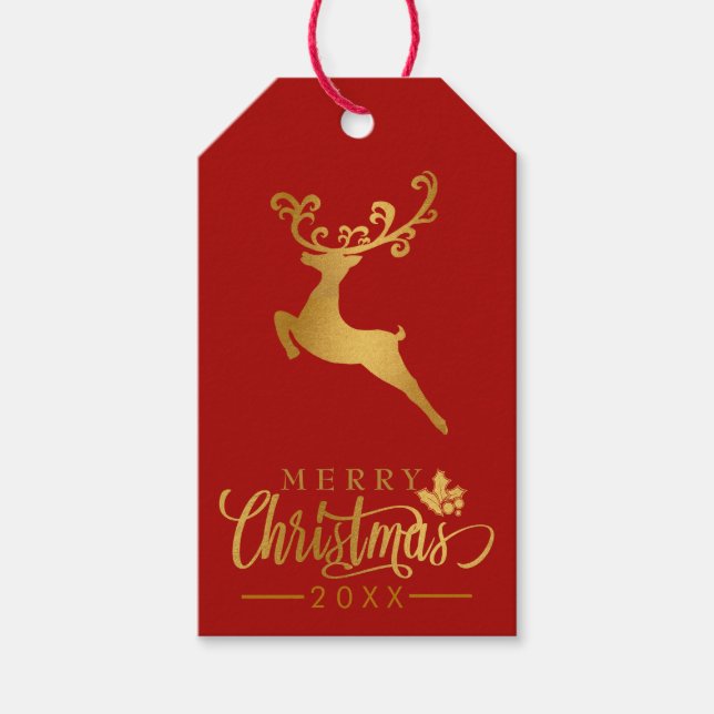 God jul Guld Glitter Reindeer Red Helgdag Presentetikett (Framsidan)