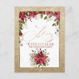 God jul Guld Glitter Röda Poinsettia Helg Vykort