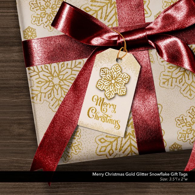 God jul Guld Glitter Snowflake Presentetikett (Merry Christmas Gift Tags with Gold Glitter Snowflakes)
