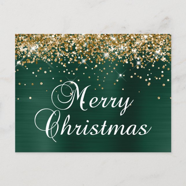 God Jul Guld Glitter Tall Grön Folie Helg Vykort (Framsida)