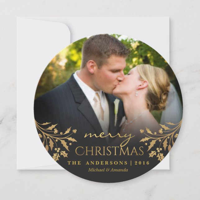 god jul Guld Holly Round Photo Card Julkort (Framsida)