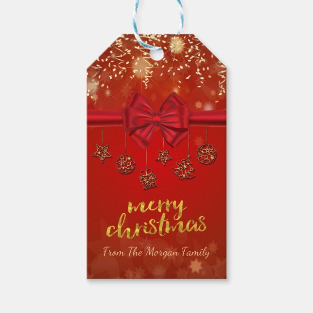 God Jul, Guld Konfetti, Röd Slinga, Julprydnader  Presentetikett (Framsidan)