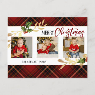 God jul Guld Löv 3-Photo Red Tartan Helg Vykort