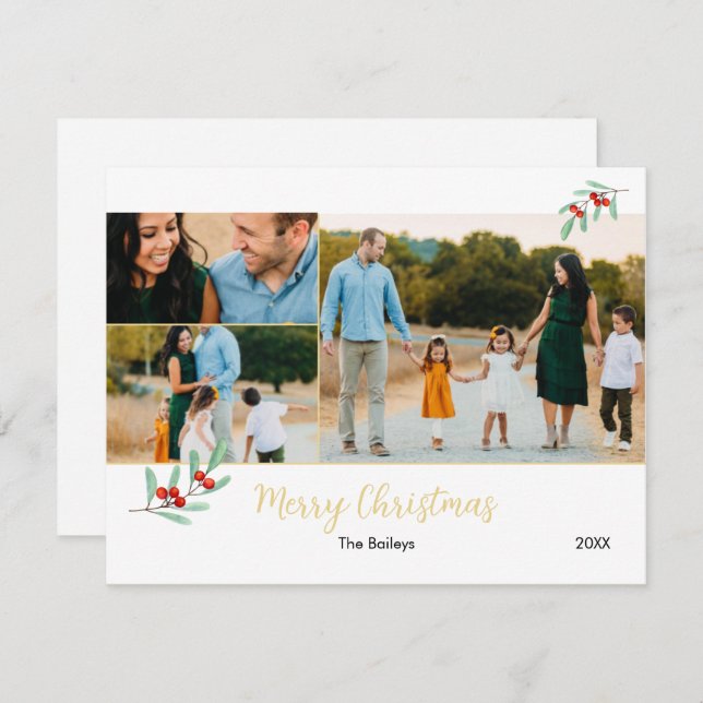 God jul Guld Mistletoe 3 Photo Collage Julkort (Fram/baksida)