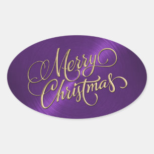 God jul Guld och Lila Embossed look Ovalt Klistermärke
